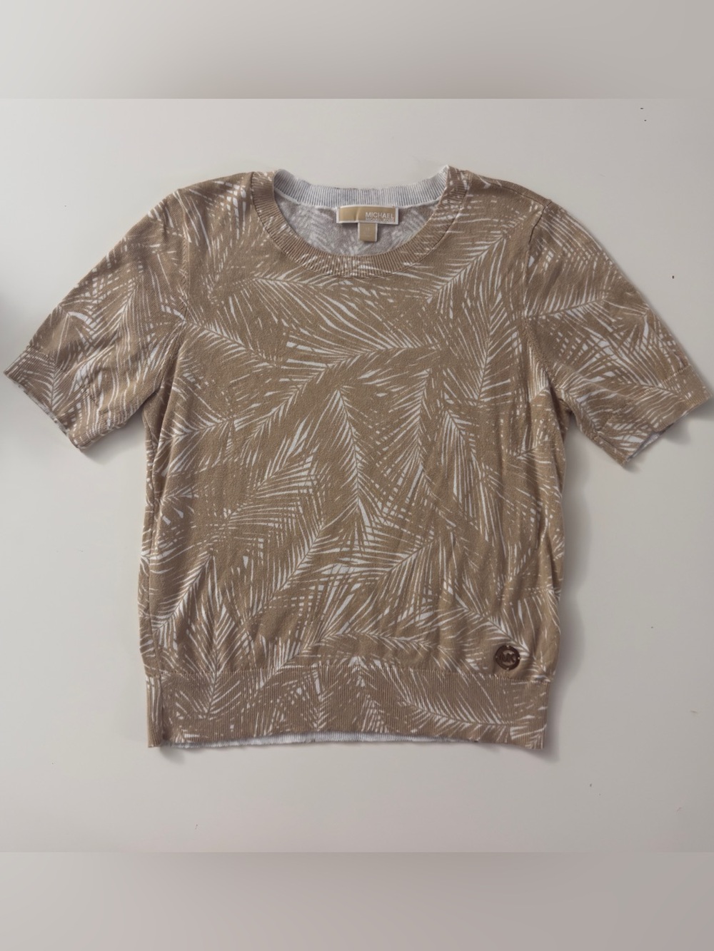 Michael Kors Beige & White Palm-Print Short Sleeve Sweater